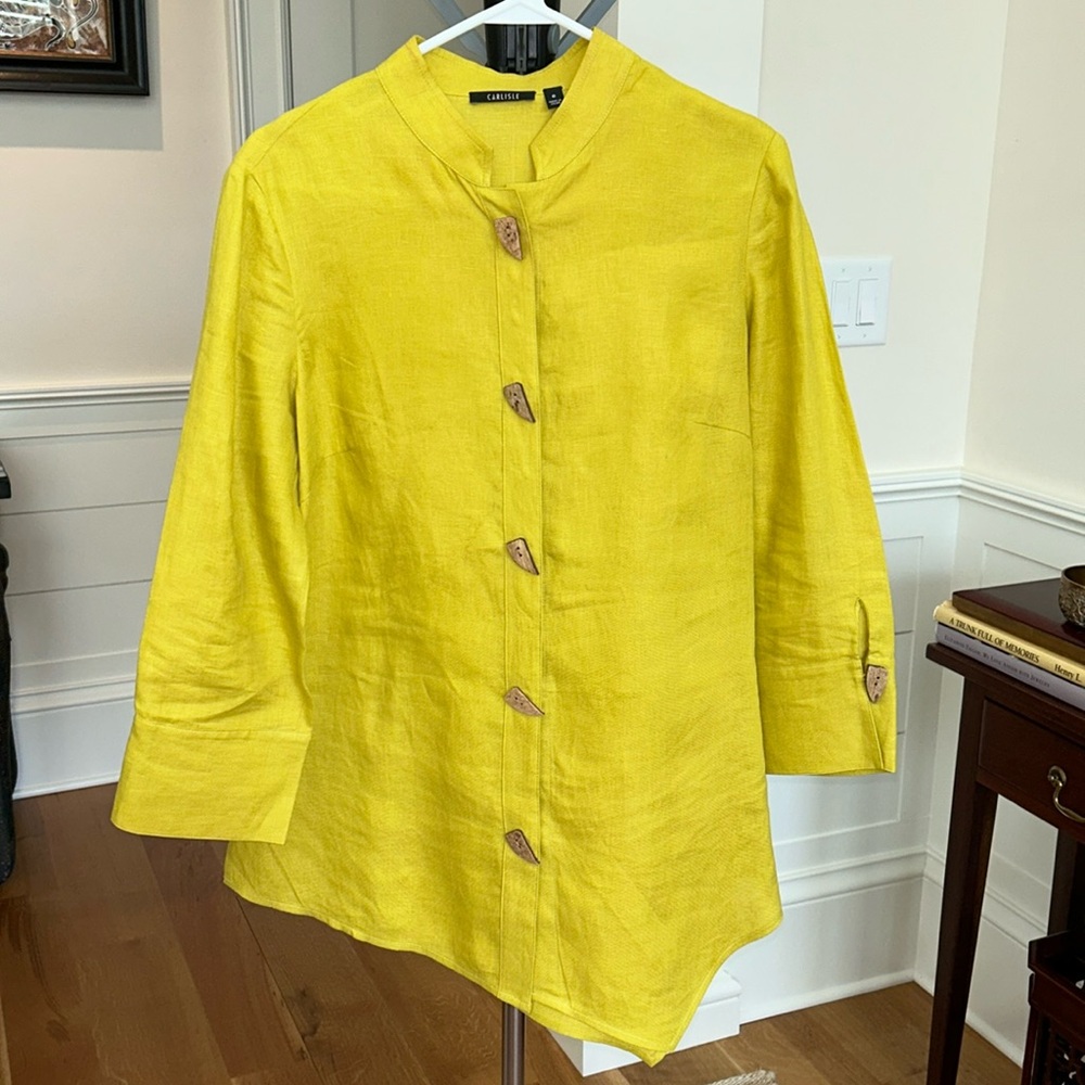 Chartreuse Linen blouse with coconut button detail by Carlisle